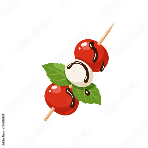 Caprese skewer with cherry tomato, basil leaf, and mozzarella ball on a toothpick, drizzled with balsamic