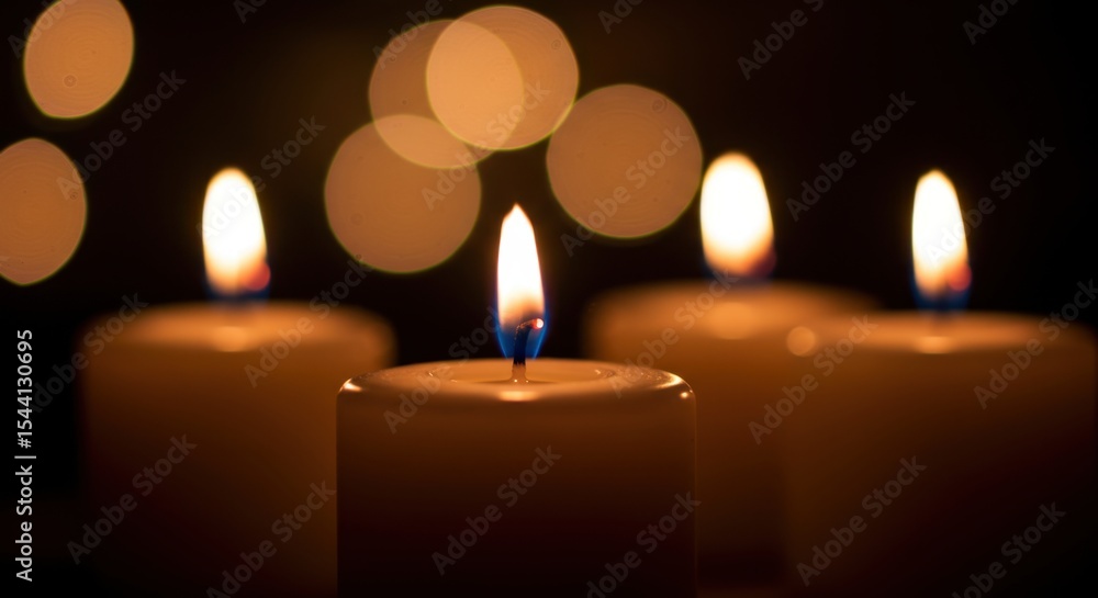 Serene Glow of Candlelight in the Dark: Four Candles Lit Against a Background of Warm Bokeh Lights Serene Glow of Candlelight in the Dark: Four Candles Lit Against a Background of Warm Bokeh Lights