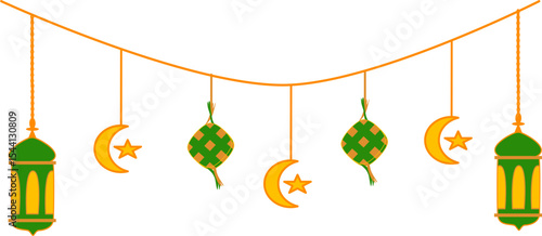 Festive Eid Garland with Lanterns, Moons, and Ketupat Decorations