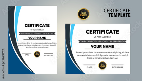Modern certificate of achievement template with blue and gray accents
