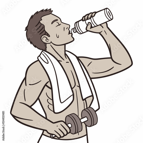 Muscular man drinking water after workout dumbbells towel