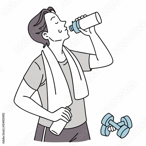 Man drinking water after workout fitness hydration dumbbells