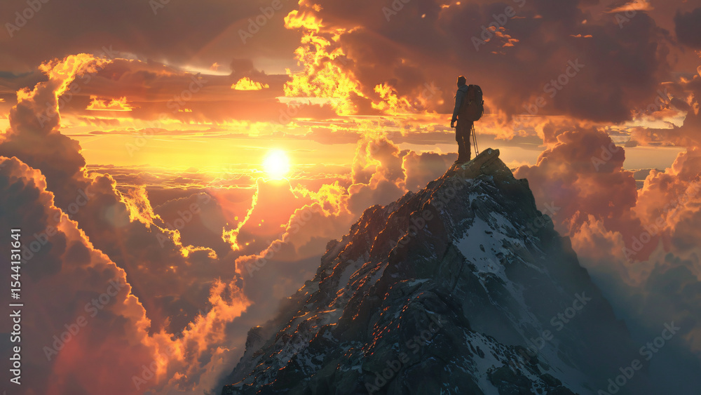 Adventurer standing on mountain peak during sunrise Adventurer standing on mountain peak during sunrise