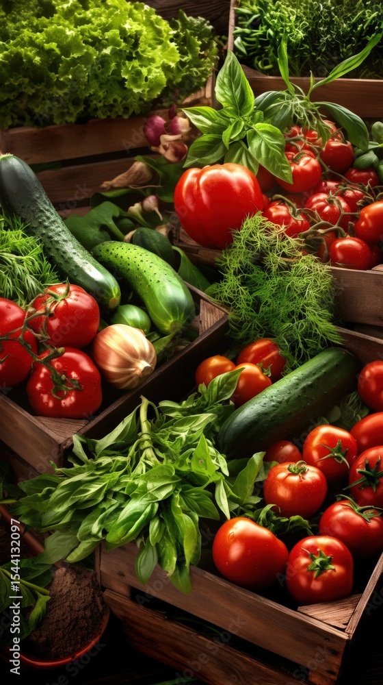 Fresh vegetables displayed in wooden crates, including tomatoes and cucumbers. AI-generated. Fresh vegetables displayed in wooden crates, including tomatoes and cucumbers. AI-generated.
