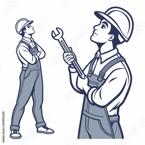 Professional mechanic illustration, isolated worker with wrench, transparent background