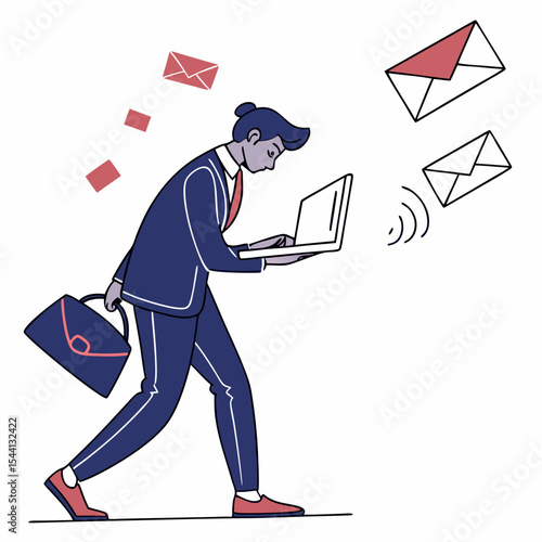 Busy businessman working on laptop many emails arriving