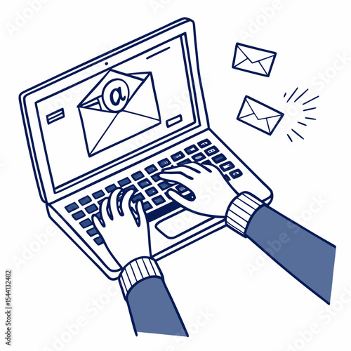 Hands typing email on laptop computer screen showing inbox message