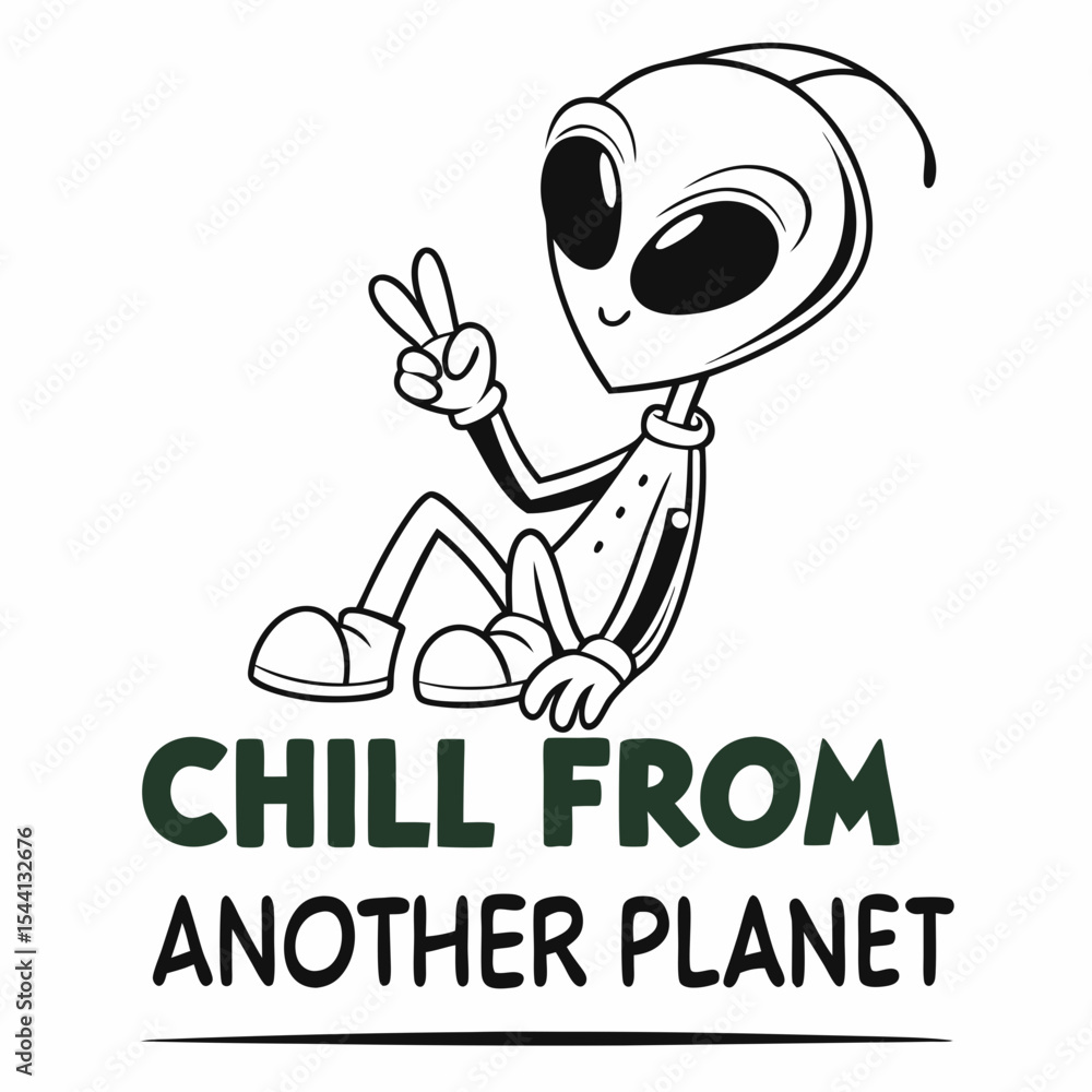 Fototapeta premium Chill alien cartoon character from another planet peace sign