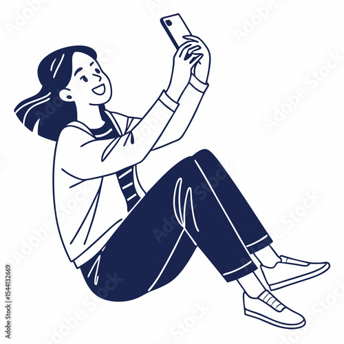 Happy young woman taking selfie with smartphone sitting floor