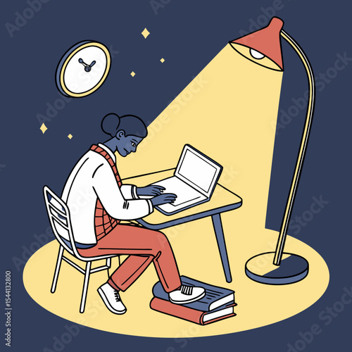 Woman working late on laptop under desk lamp clean cutout