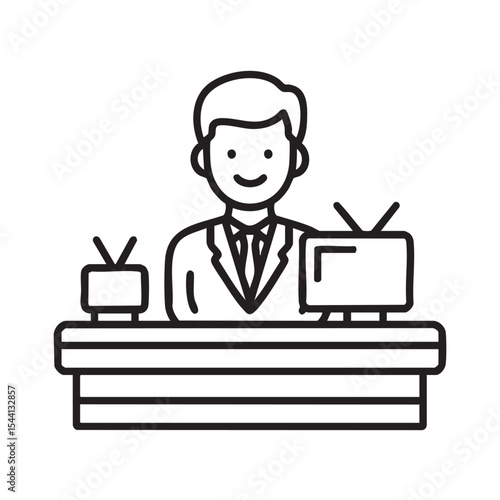 Receptionist at front desk with computers and television