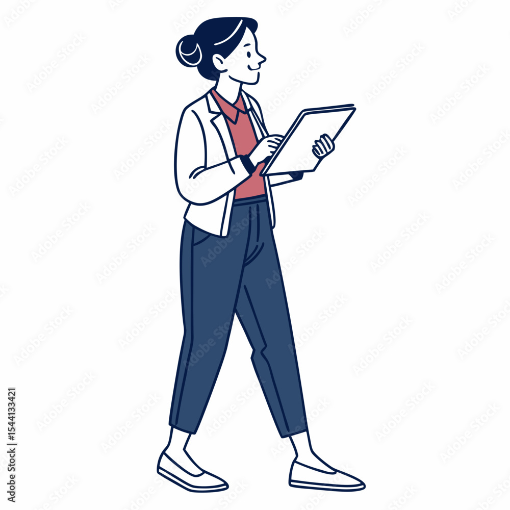 Fototapeta premium Young woman walking using tablet digital device technology