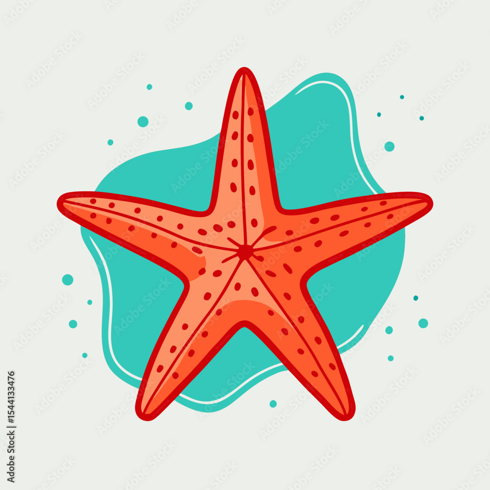 Vibrant orange starfish on teal abstract background summer ocean theme illustration