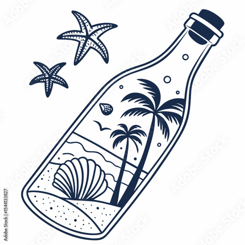 Tropical beach scene inside message bottle with starfish