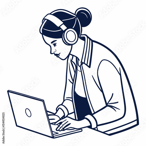 Woman with headphones working on laptop computer