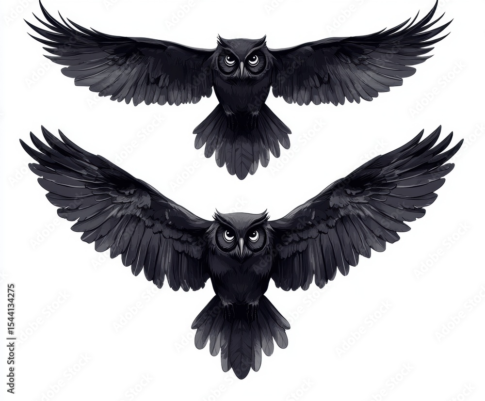 Fototapeta premium Two Black Owls in Flight: A Stunning Illustration
