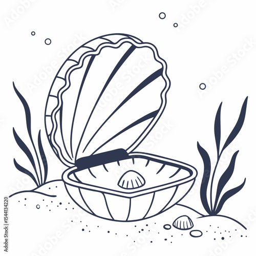 Open clam shell with pearl on ocean floor seaweed