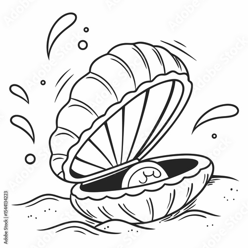 Open seashell revealing a pearl ocean waves sand beach cartoon illustration
