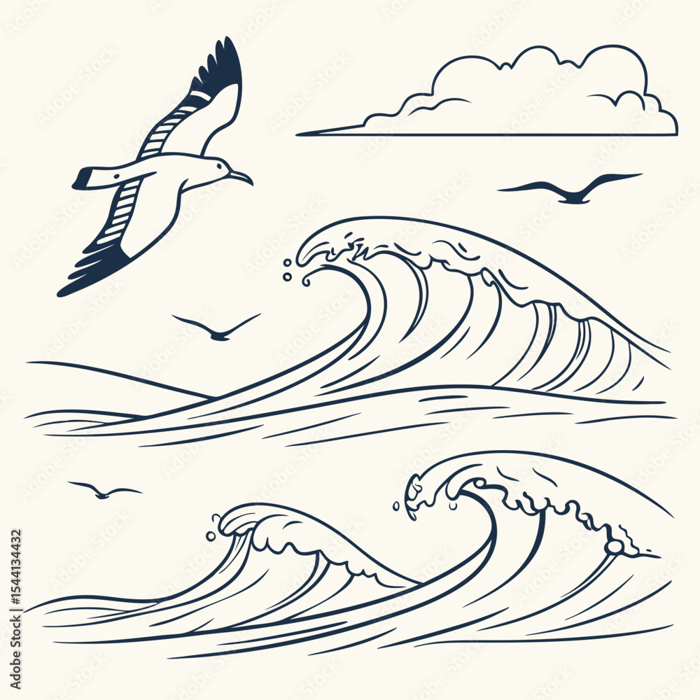 Fotografie Ocean waves seagulls cloudscape minimalist line art drawing