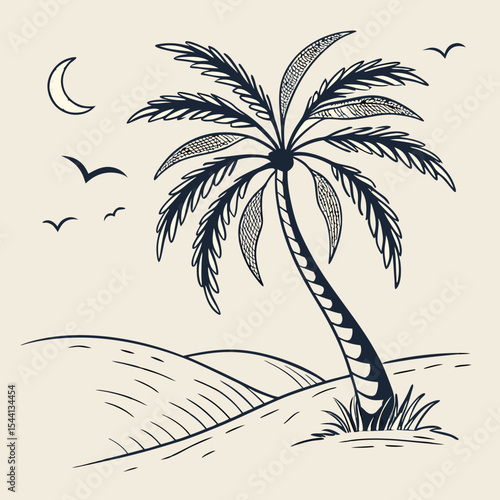 Desert oasis palm tree night scene birds moon landscape