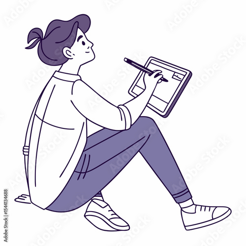 Young person sitting floor using stylus graphic tablet