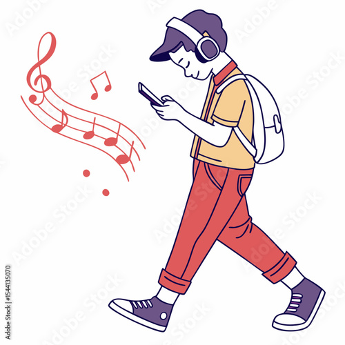 Boy walking listening music headphones smartphone backpack