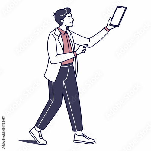 Professional man walking using smartphone transparent background
