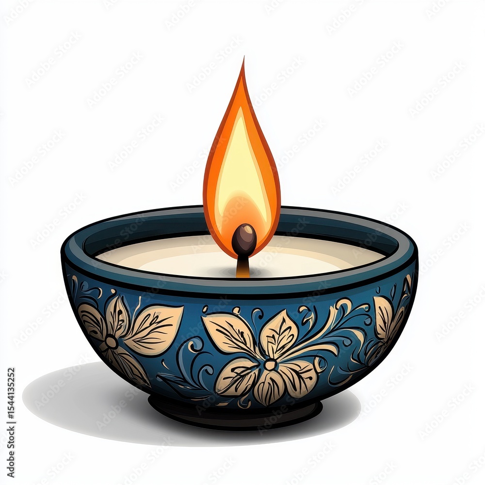Lit Candle in Ornate Blue Bowl on White Background Lit Candle in Ornate Blue Bowl on White Background