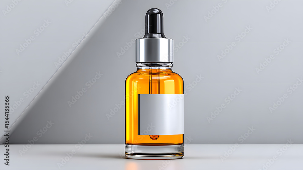 Sleek amber glass dropper bottle with silver cap sits on white surface, reflecting minimalist and modern design. bottle is empty, ready for cosmetic or essential oil use Sleek amber glass dropper bottle with silver cap sits on white surface, reflecting minimalist and modern design. bottle is empty, ready for cosmetic or essential oil use