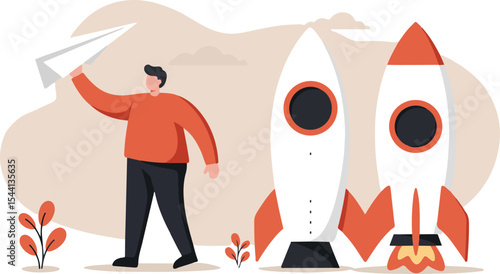 "Flat minimalist vector illustration of abstract character launching a paper airplane or standing beside a rocket, symbolizing start or launch, modern clean web style, with plant."