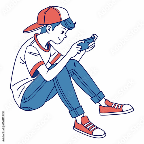 Boy playing mobile game sitting floor casual clothes