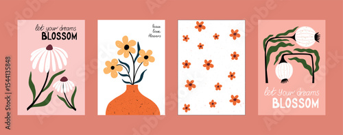 Hand drawn floral wall art with inspirational quotes, minimalist vases, blooming flowers, and scattered petals. Modern flat design in warm tones, ideal for posters, greeting cards, or interior decor
