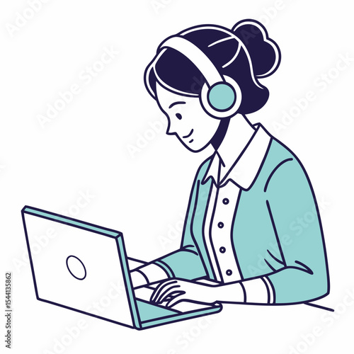 Woman working from home on laptop wearing headphones