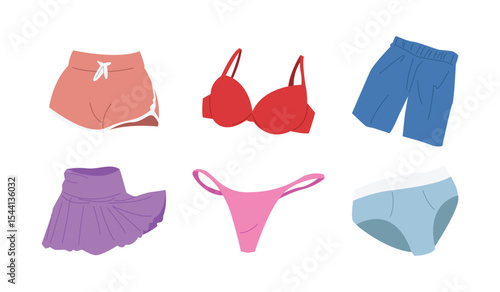 Vector set of underwear clothing. Shorts, bra, boxer, mini skirt, g string, and briefs. Cartoon style.
