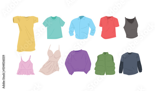 Vector set of clothing. T-shirt, dress shirt, polo, tank top, nightgown, sweater, vest, and long sleeve. Cartoon style.