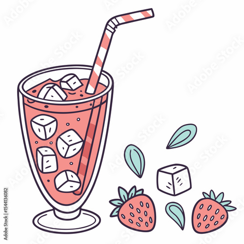 Refreshing strawberry smoothie ice cubes straw summer drink