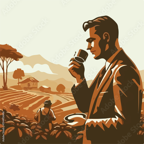 1945 image of a man drinking coffee on a plantation using a simple and minimalist flat design using a white background