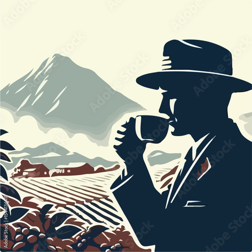 1945 image of a man drinking coffee on a plantation using a simple and minimalist flat design using a white background