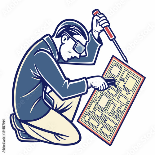 Technician repairing circuit board using soldering iron