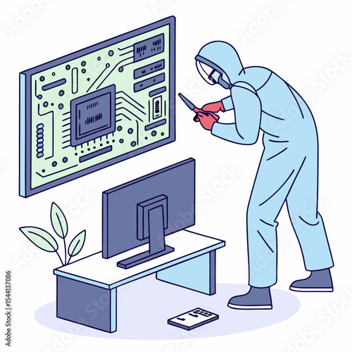 Technician in protective suit repairing computer motherboard