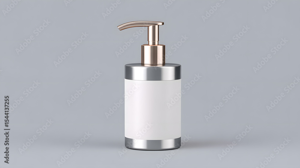 Obraz premium Sleek, modern lotion dispenser with metallic pump and minimalist design stands against neutral background, perfect for bathroom or skincare product mockups