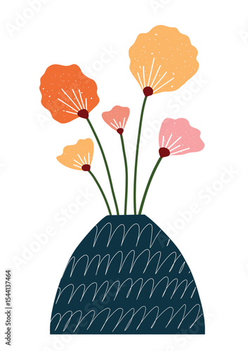 modern floral vase illustration with hand drawn abstract flowers in orange and pink tones for wall art, nursery decor, greeting cards and minimalist design