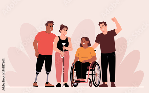 Diverse group of happy people with disabilities, including wheelchair user, amputee, and crutch user, standing together and smiling in inclusive community concept
