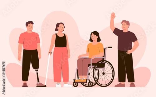 Diverse group of happy people with disabilities, including wheelchair user, amputee, and crutch user, standing together and smiling in inclusive community concept

