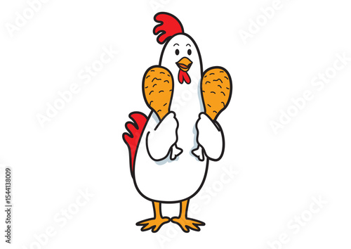 Illustration of a fun cartoon chicken character proudly holding two chicken drumsticks, exuding joy and culinary delight