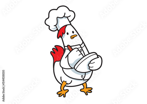 Illustration of a charming cartoon chicken character dressed as a chef, actively writing on a notepad, showcasing culinary creativity