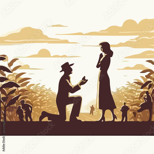 image of a man proposing to a woman in 1945 on a plantation using a simple and minimalist flat design using a white background