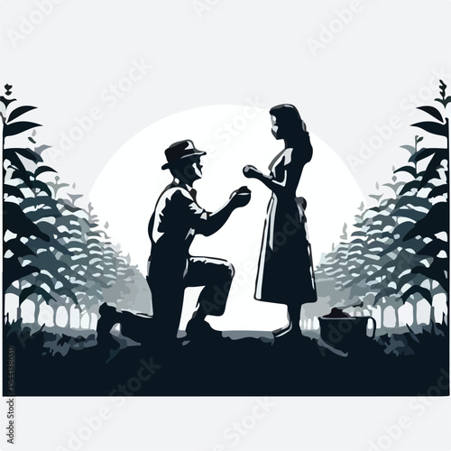 image of a man proposing to a woman in 1945 on a plantation using a simple and minimalist flat design using a white background