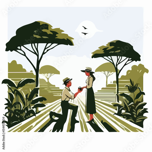image of a man proposing to a woman in 1945 on a plantation using a simple and minimalist flat design using a white background