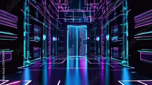 Open door on blue glitch background. illustration of neon lines on black backdrop with futuristic portal, computer system error, cyber security network created with generative ai
